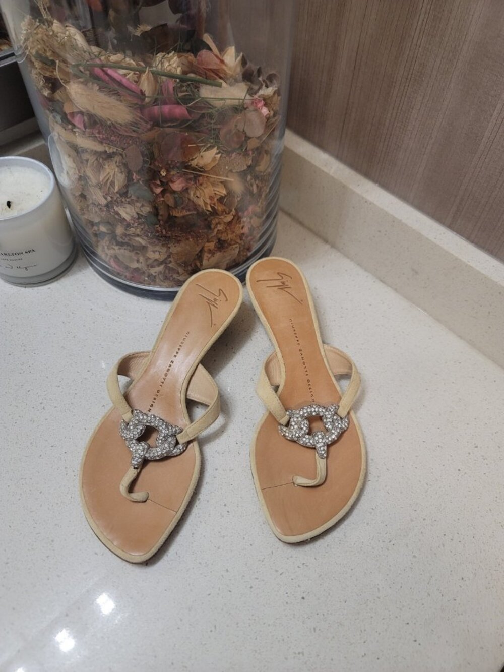 Giuseppe Zanotti Sandals Nude Suede Swarovski Crystal kitten Heel 37.5 US 7